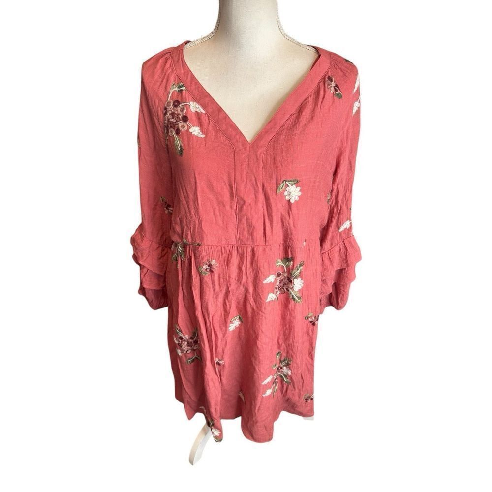 Fig and Flower Womens Dress Embroidered Flowers Ruffle 3/4 Sleeve V-Neck Boho XL